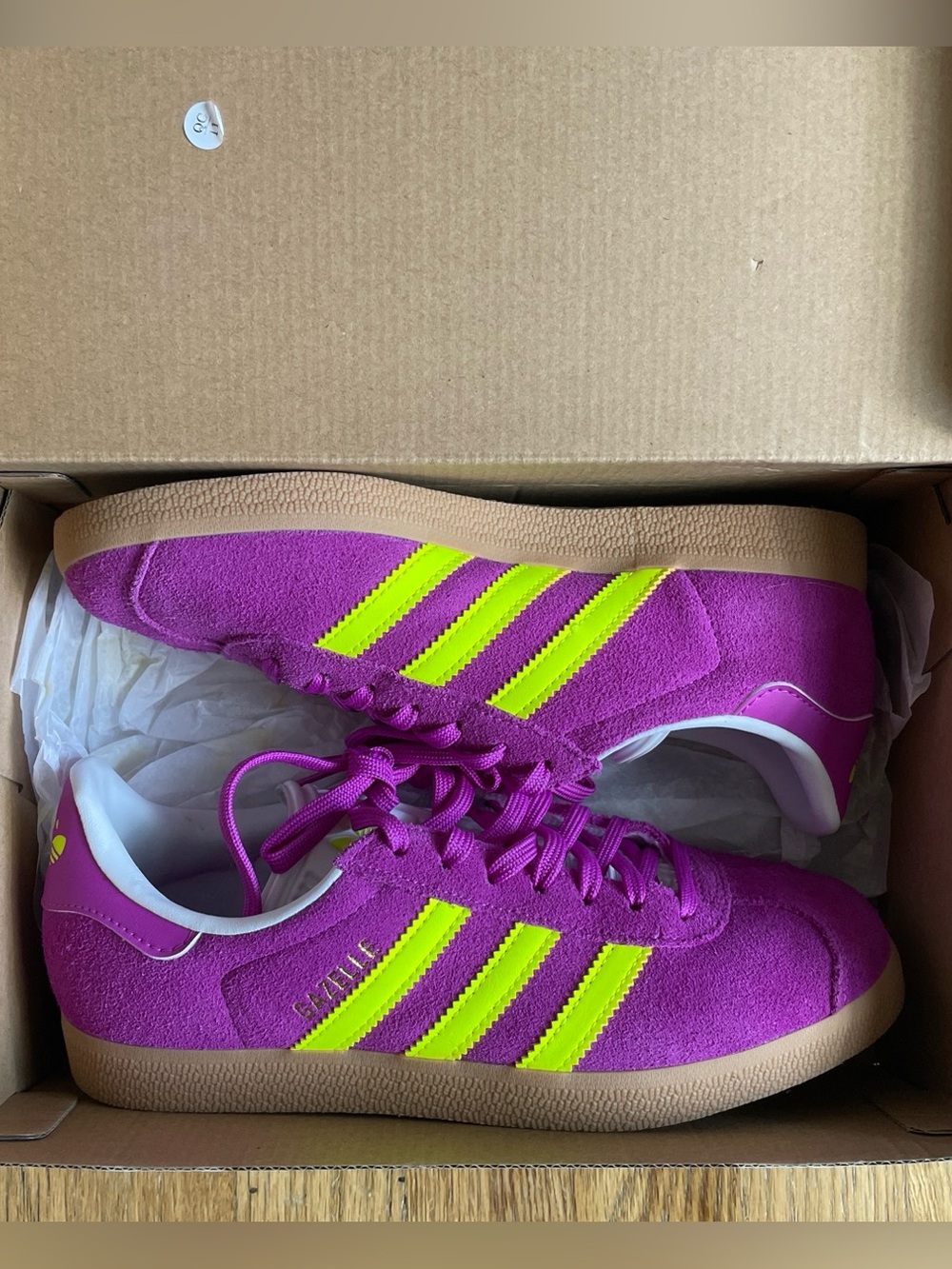 Adidas Gazelle Women’s 6.5 Purple with Neon Yellow Stripes